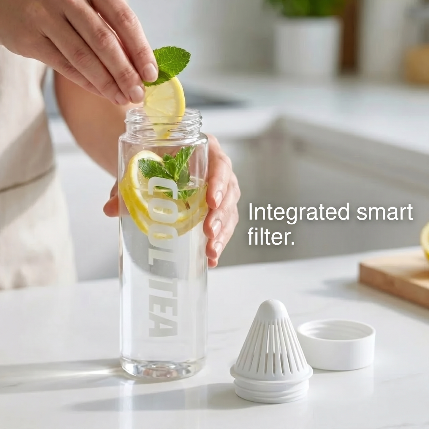 Portable bottle with integrated residue filter