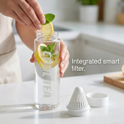 Portable bottle with integrated residue filter